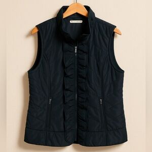 Soft Surroundings Black Quilted Ruffle Front Vest Women’s Large Zip Pockets